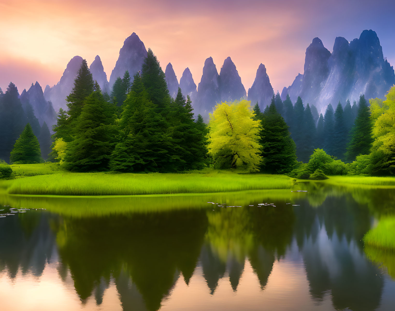 Scenic landscape: Tranquil lake, towering mountains, vibrant greenery, colorful sky