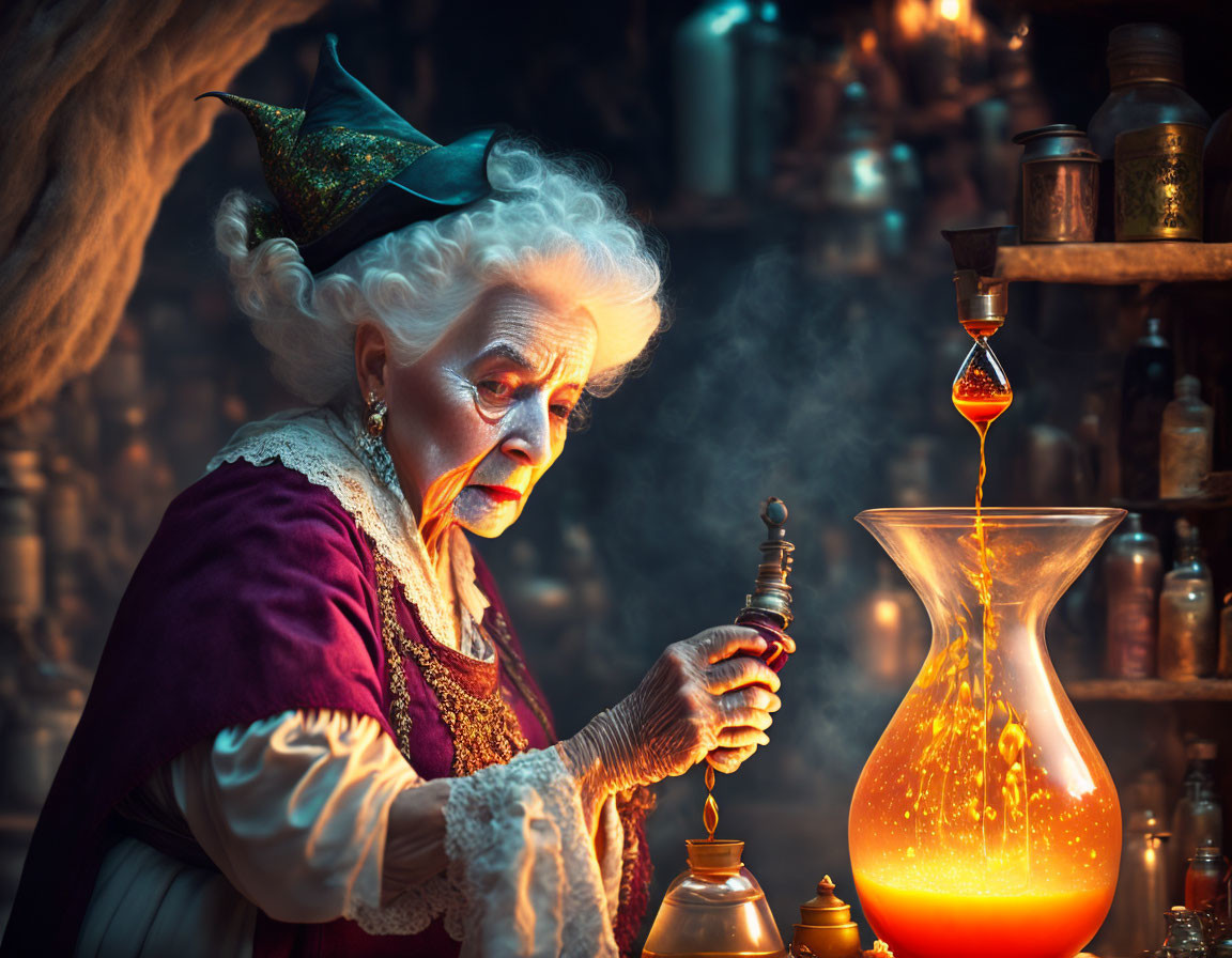 Elderly woman in alchemist costume mixing potion in dimly lit workshop