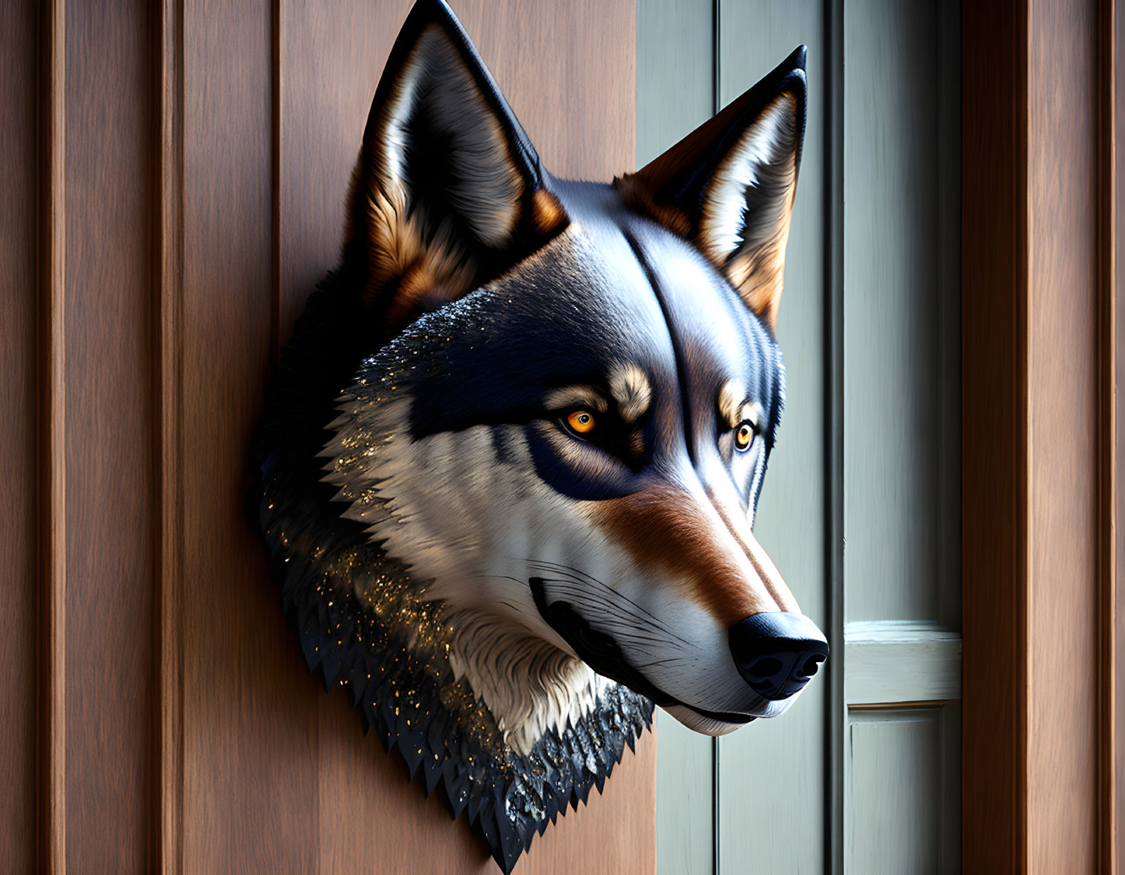 Realistic 3D wolf head illustration through wooden door