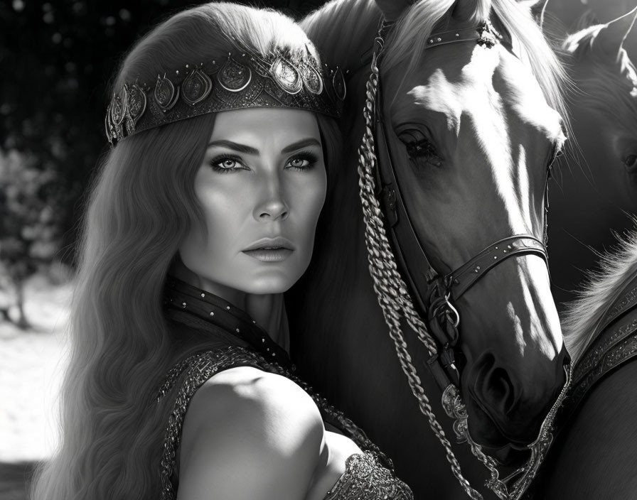 Monochrome image of woman with regal headdress and majestic horse