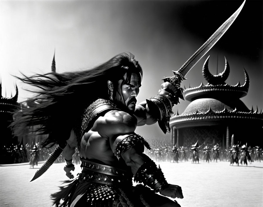 Monochrome image of fierce warrior with curved sword and detailed armor