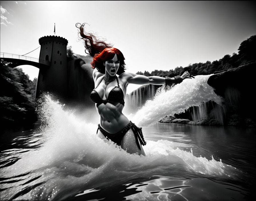 Monochrome image of female character with red hair in bikini by castle and waterfall