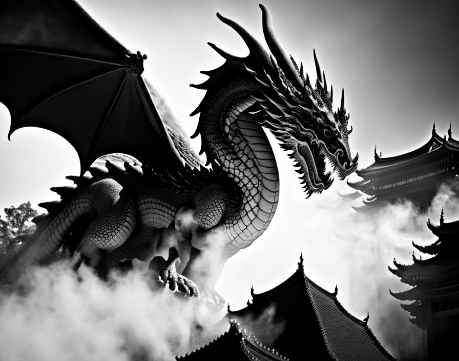 Monochrome dragon sculpture with wings in misty Asian setting