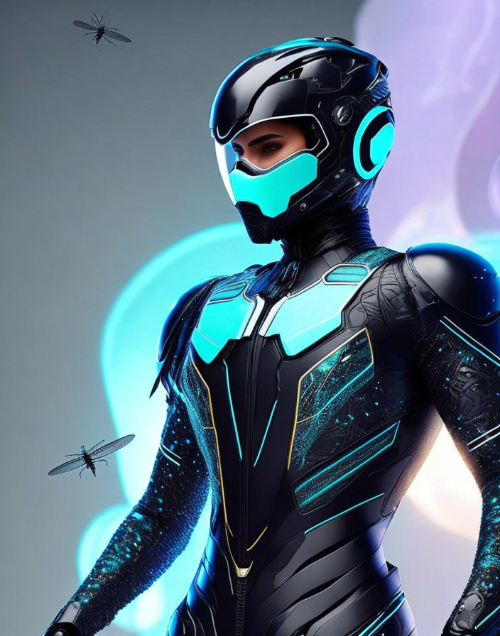 Futuristic warrior in black and blue armor with drones in soft-lit setting