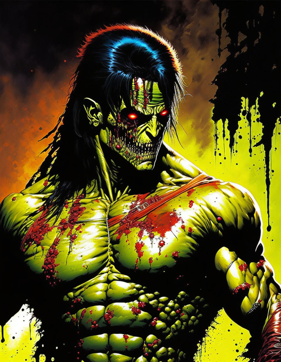 Muscular green-skinned character with cybernetic enhancements and glowing red eyes on black background with yellow