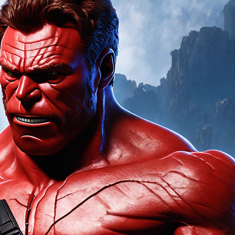 Muscular red-skinned character with intense gaze on rocky background