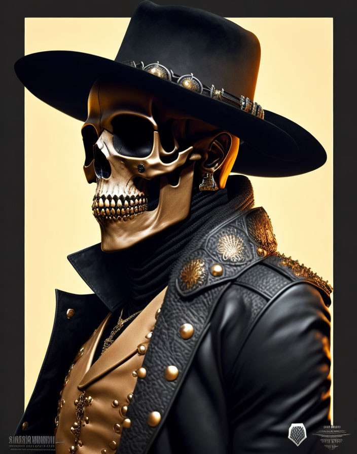 Skeleton in Elaborate Dark Western Outfit with Wide-Brimmed Hat