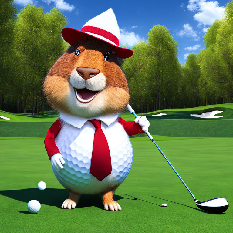 Animated chipmunk in red & white outfit with golf club on green course.