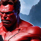 Muscular red-skinned character with intense gaze on rocky background