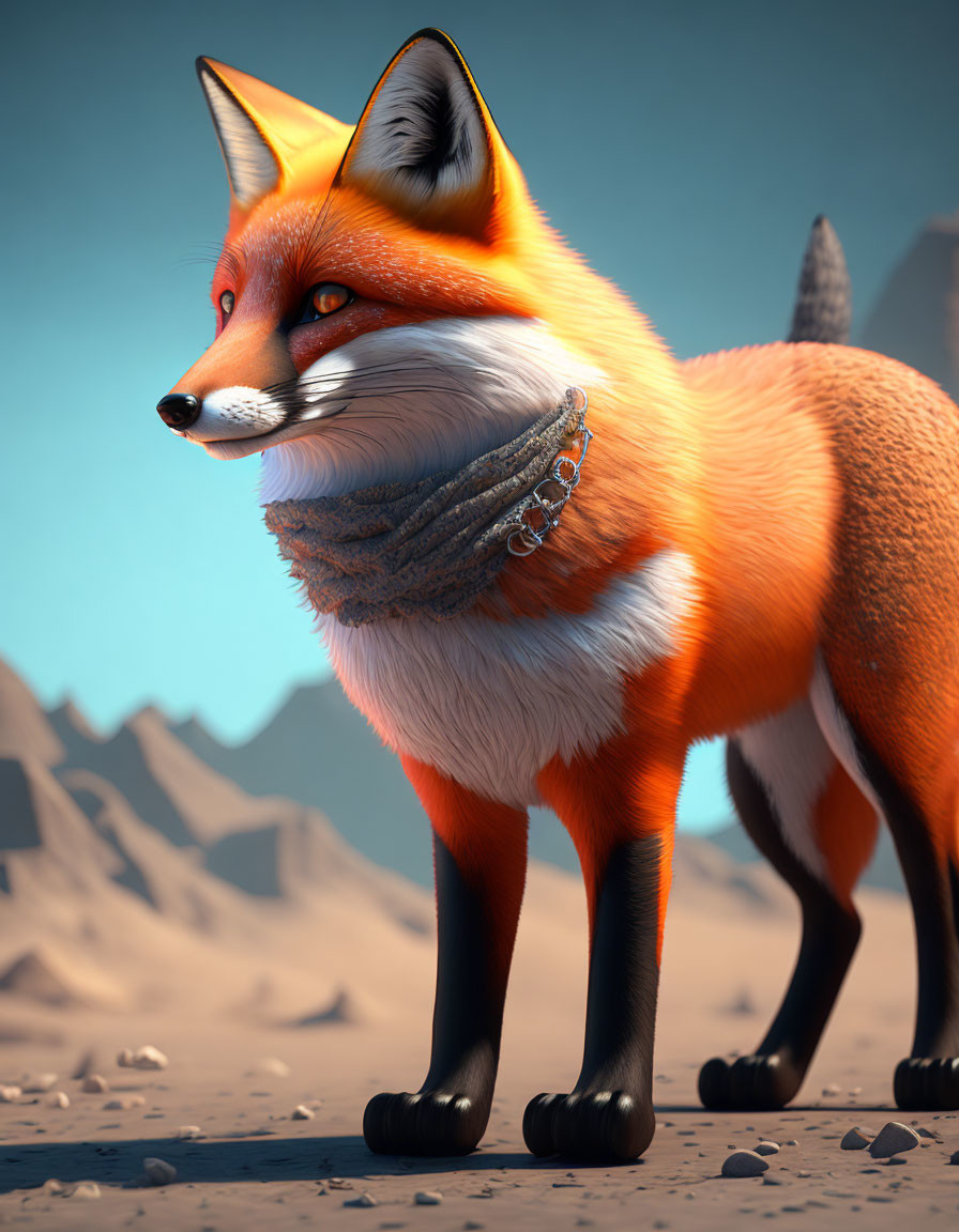 Vivid orange fox with black paws and metal collar in the desert