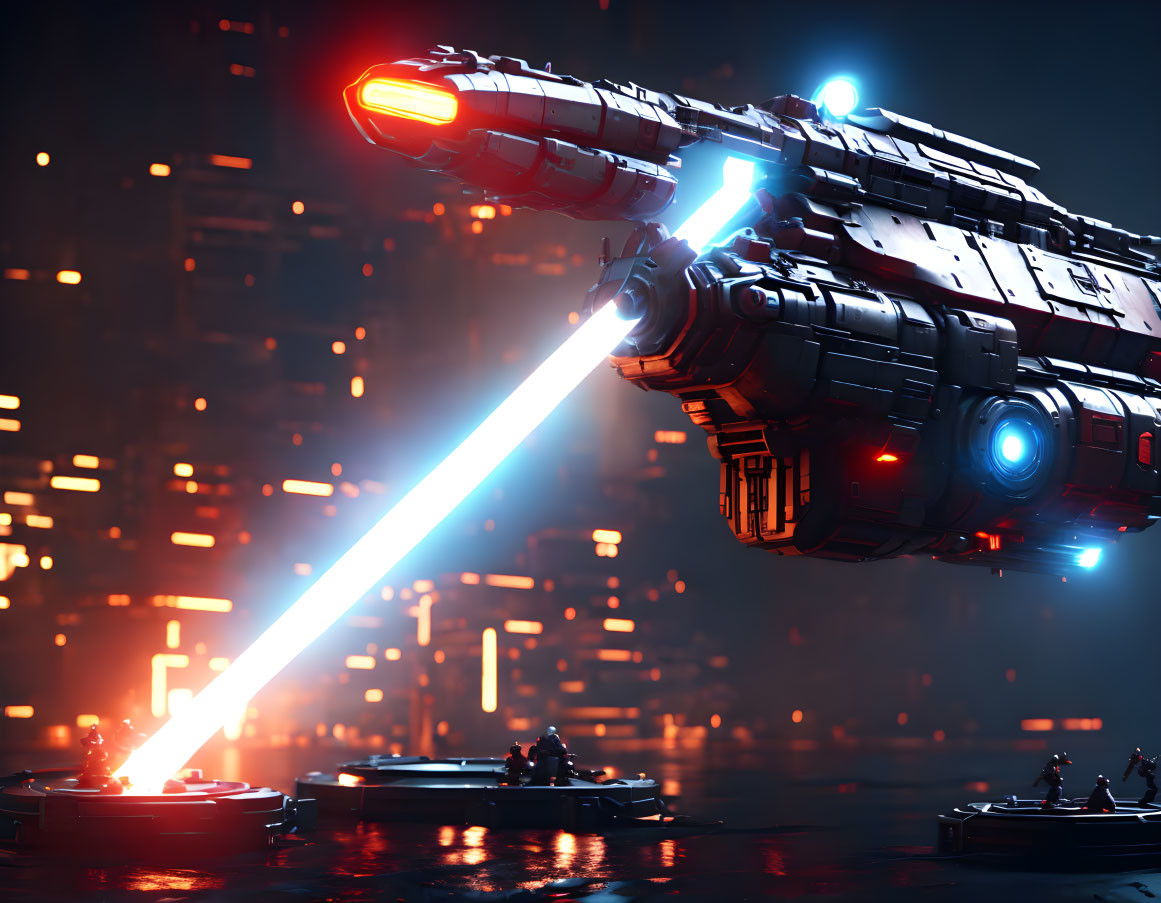 Futuristic spaceship firing blue beam over illuminated cityscape