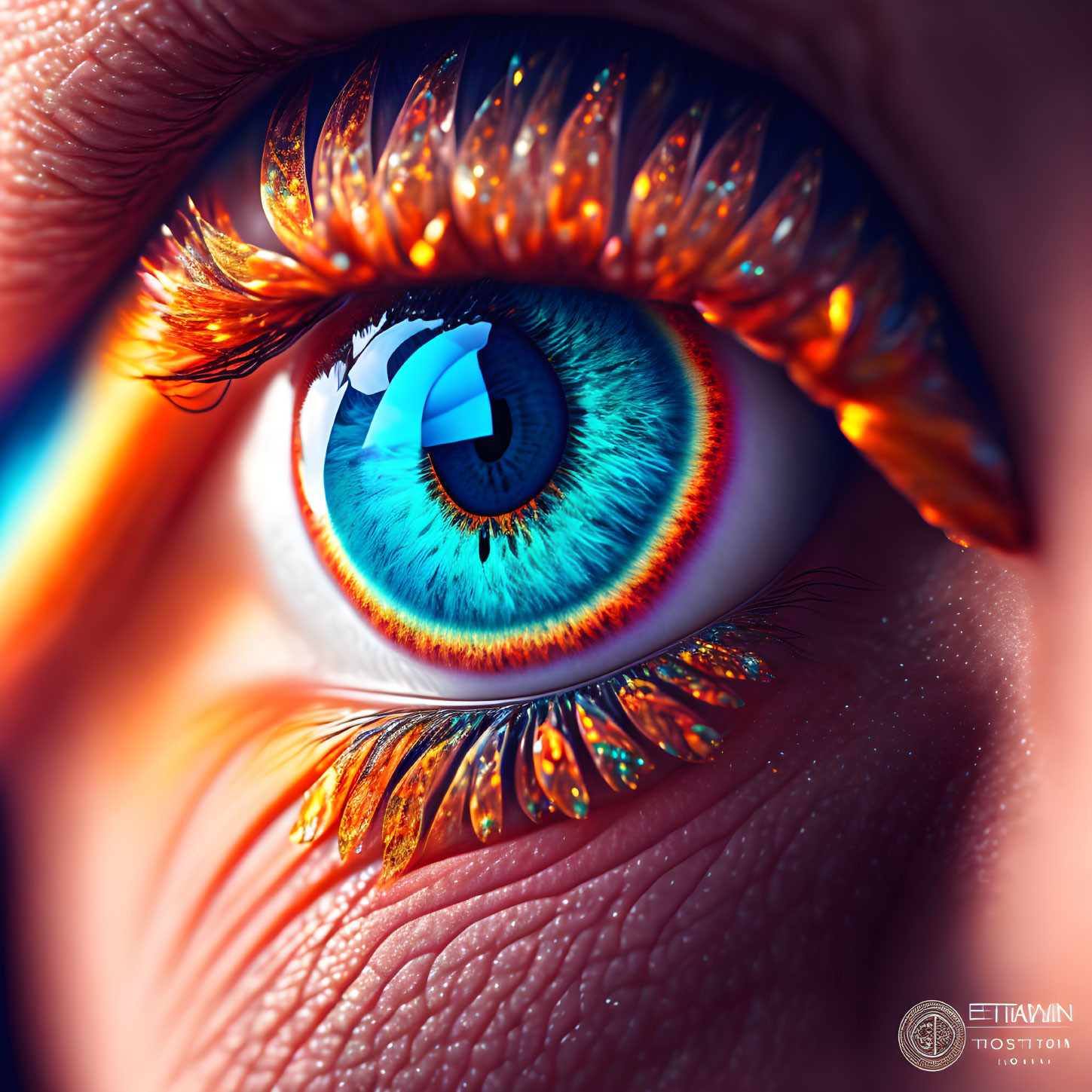 Detailed Close-Up of Human Eye with Blue Iris and Orange Eyelashes