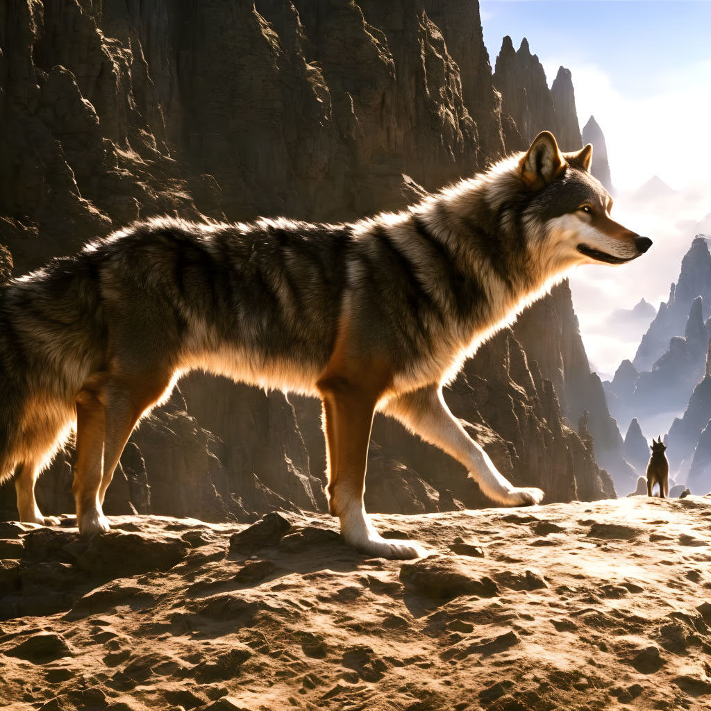 Majestic wolf on rocky terrain under golden sunlight