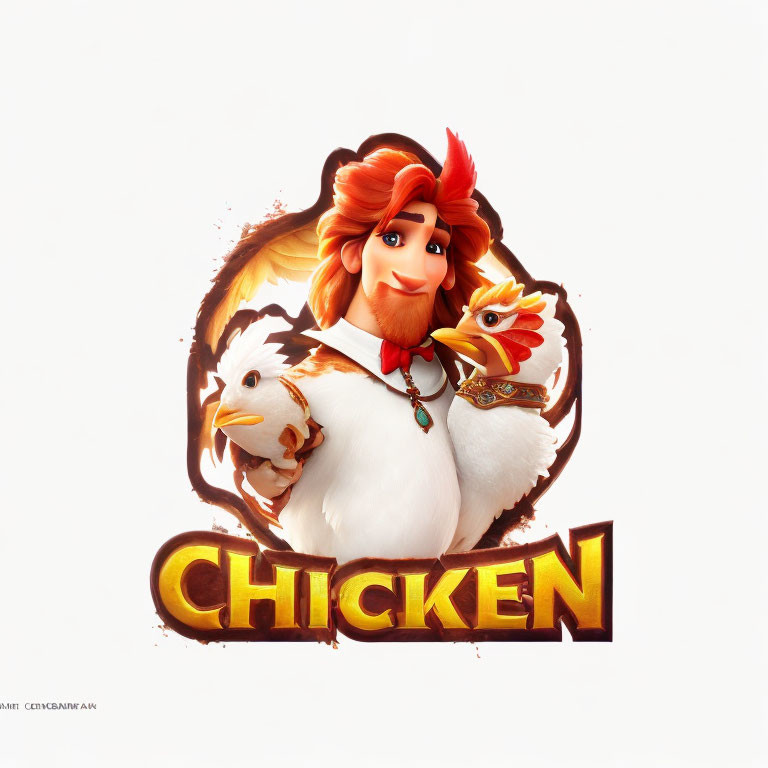 Cartoon man with red-haired beard holding white chicken, word "CHICKEN" in bold.