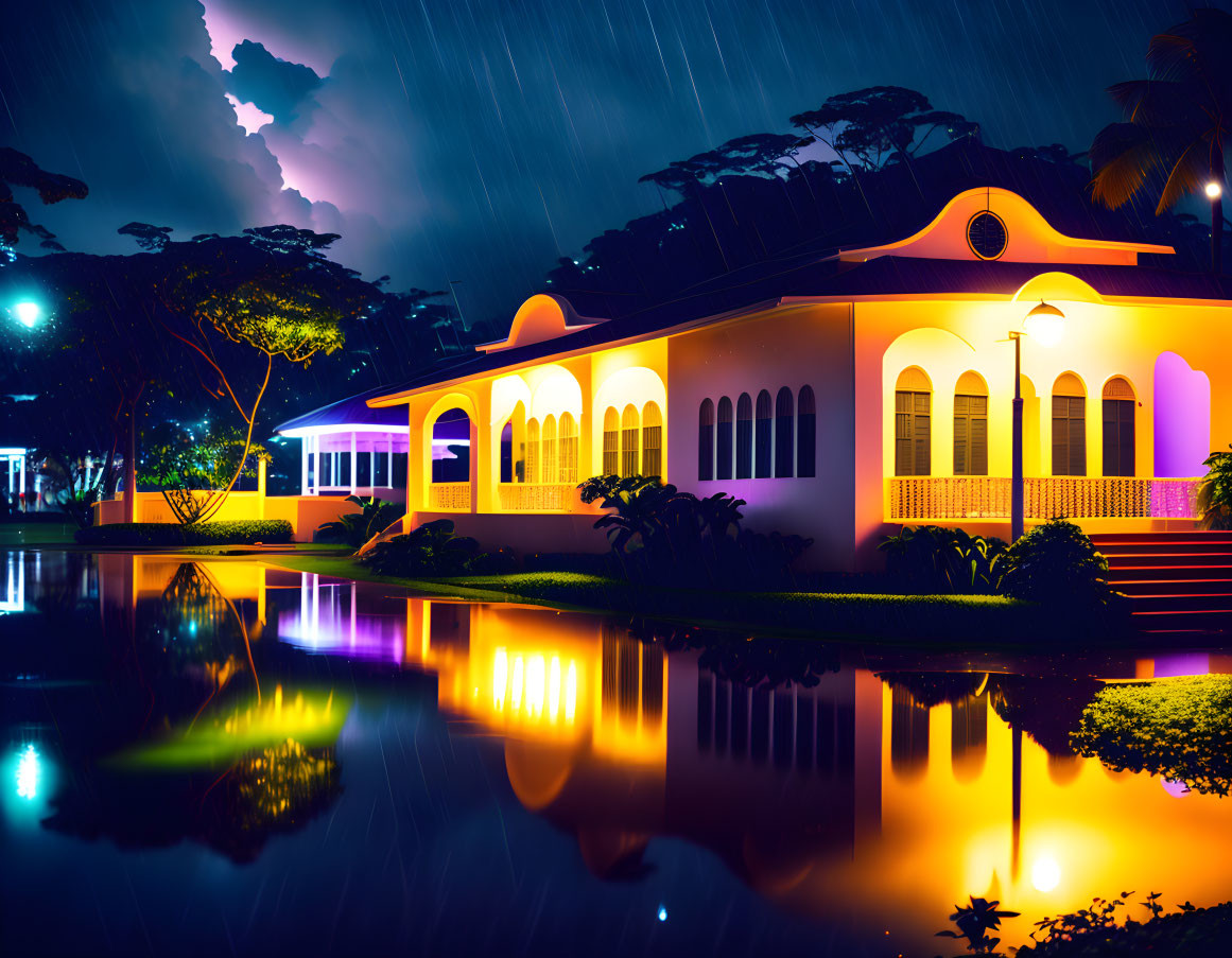 Vibrant villa by reflective pond in stormy tropical night