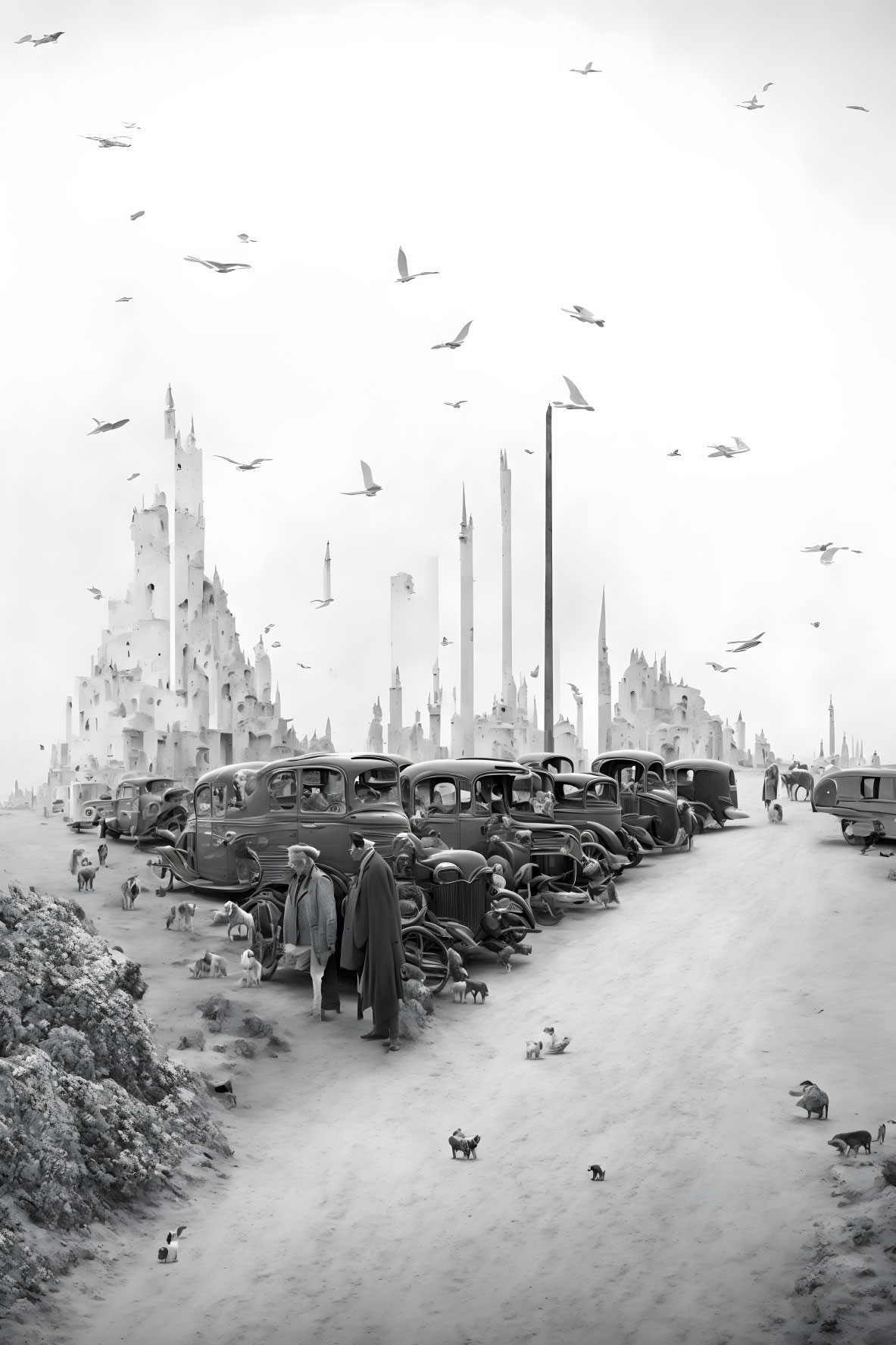 Monochrome illustration of vintage car traffic jam with futuristic spires, people, birds, and vehicles.