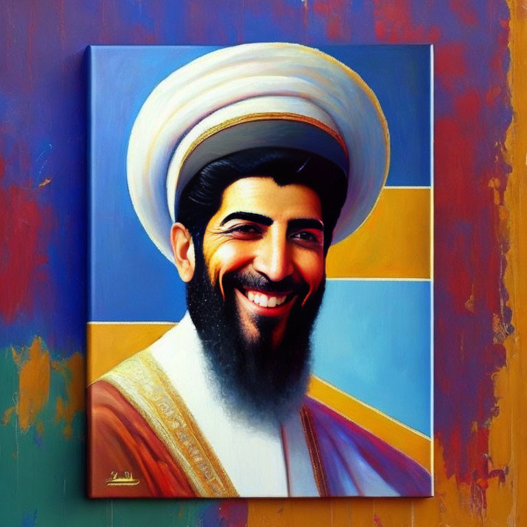 Colorful painting of smiling man in traditional attire against vibrant background