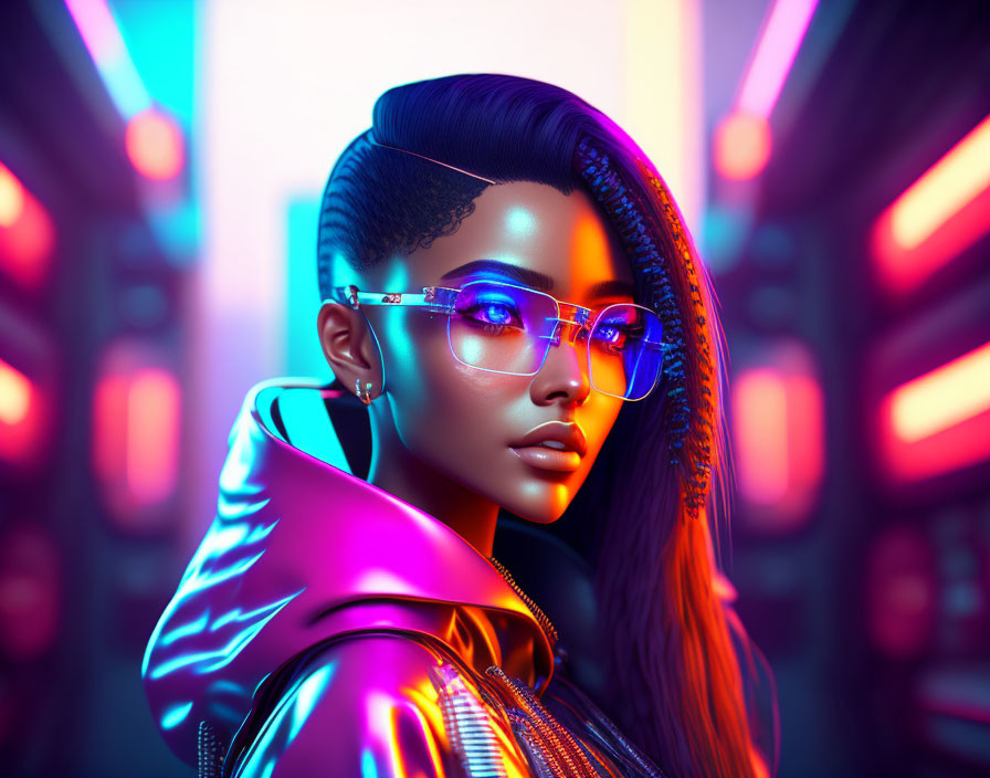 Digital portrait of woman with sleek hair and neon-lit glasses in futuristic cityscape