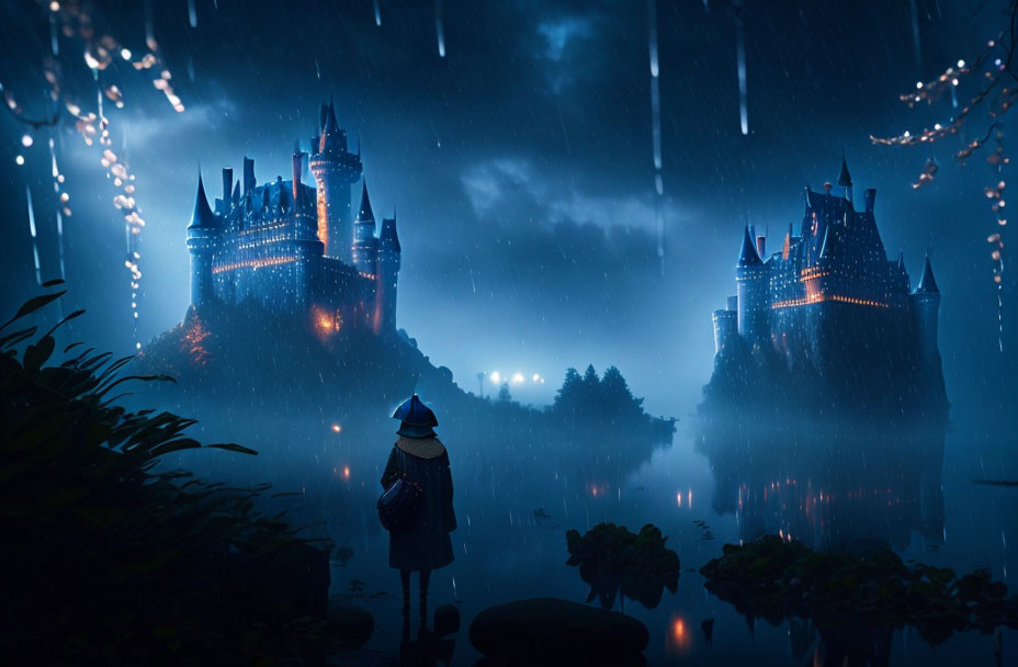 Person admires illuminated castle in mystical rain-drenched night landscape