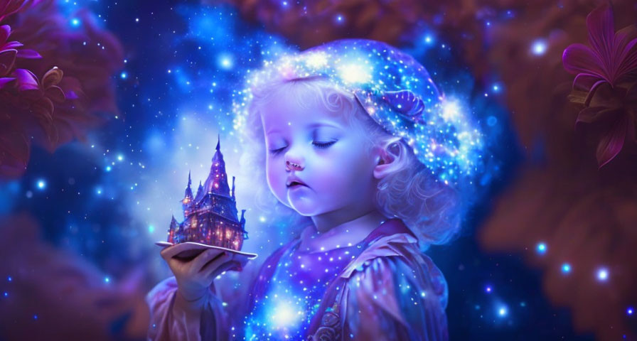 Child with Glowing Aura Holding Miniature Castle in Mystical Starlit Scene