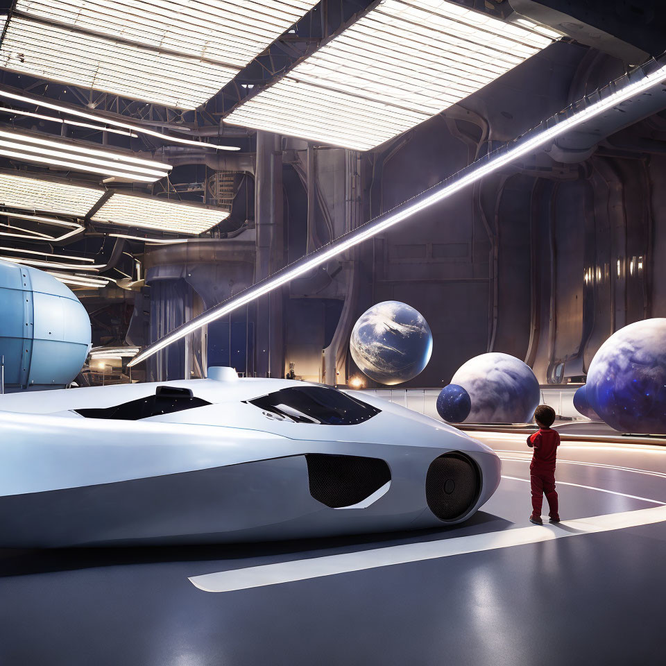 Child in red outfit admires futuristic hangar with spacecraft and planets through windows