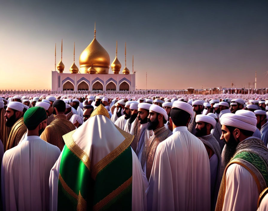 Traditional white attire group at religious event near mosque with golden domes at sunset.