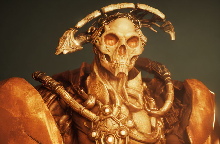 Stylized mechanical skull on golden humanoid figure in dark setting