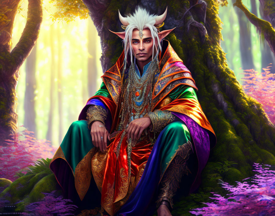 Elf-like Figure in Vibrant Enchanted Forest with Colorful Robes