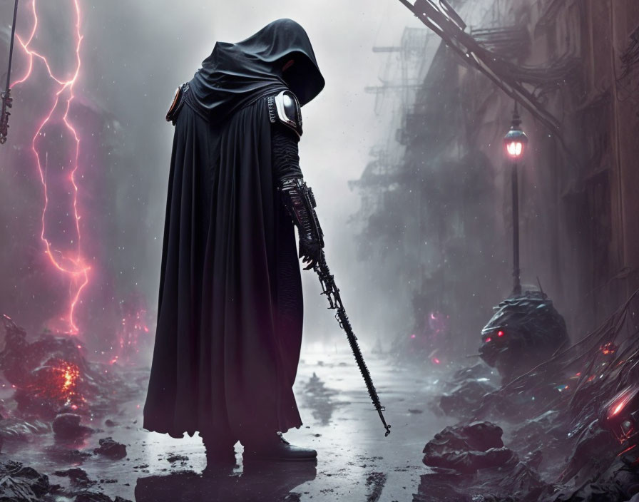 Cloaked figure with futuristic weapon in dystopian cityscape