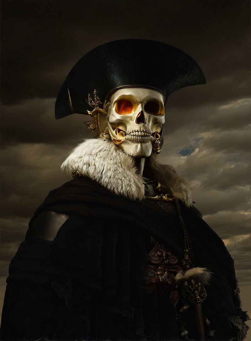 Pirate-themed skull art in luxurious coat under stormy sky