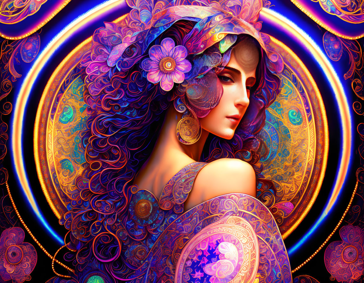 Colorful digital artwork of woman with floral patterns and swirling designs