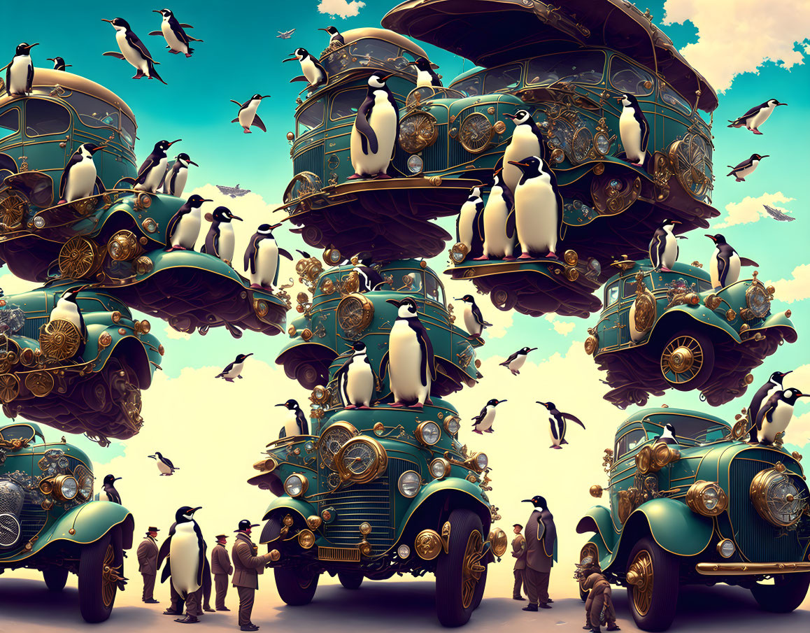 Surreal penguins with vintage cars and flying birds in the sky