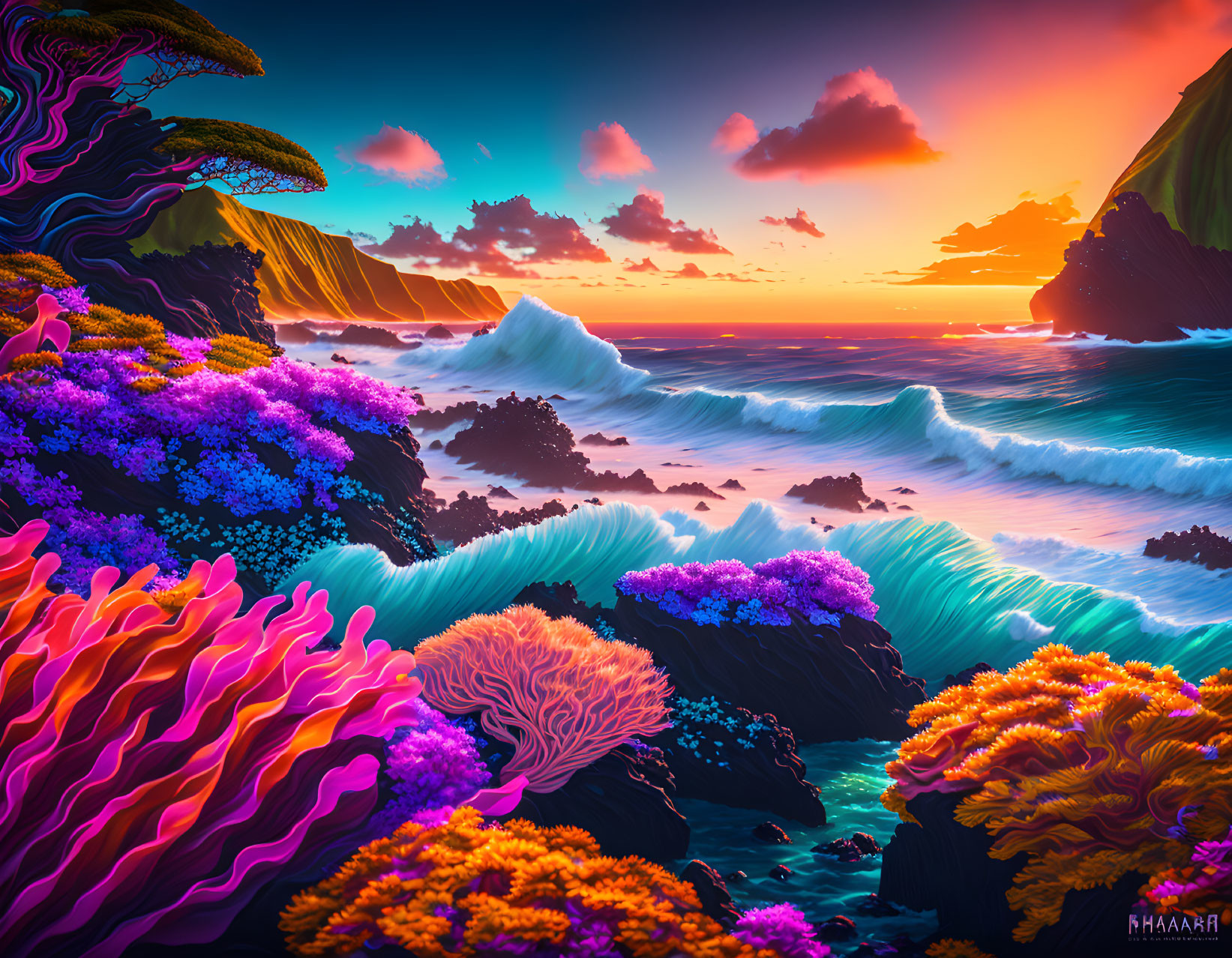 Colorful fantasy seascape with neon flora and dramatic sunset