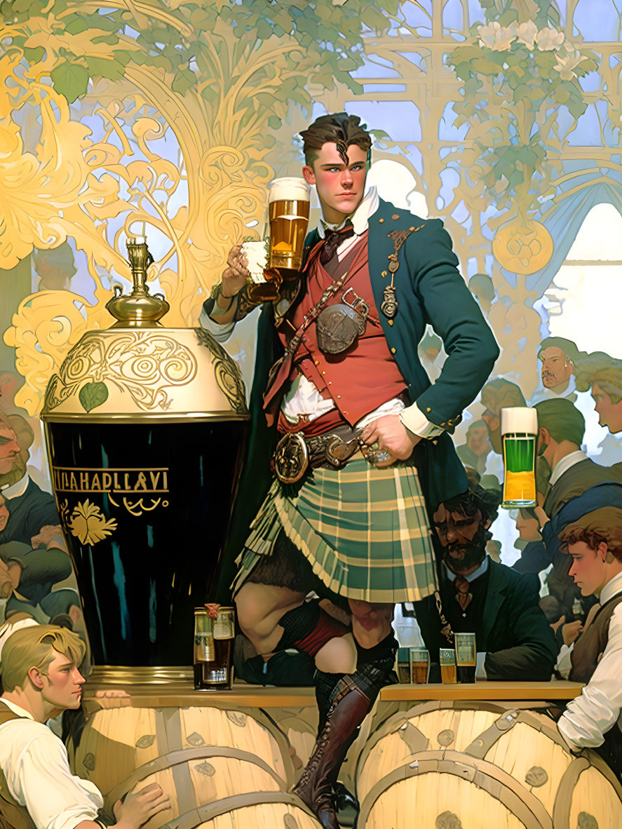 Traditional Scottish kilt-clad man with beer in Art Nouveau bar scenery