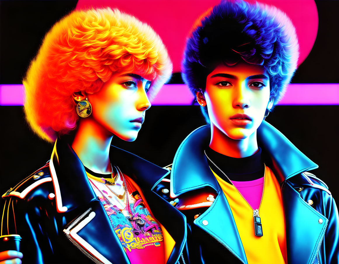 Vibrant characters with fluorescent hair in retro attire on neon-lit backdrop