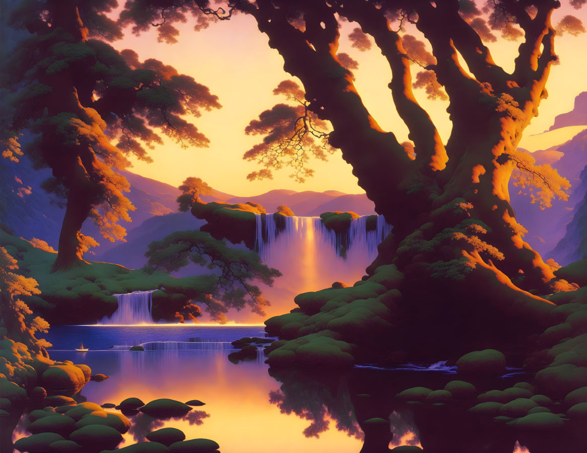 Lush landscape with tree, waterfalls, river under purple sky