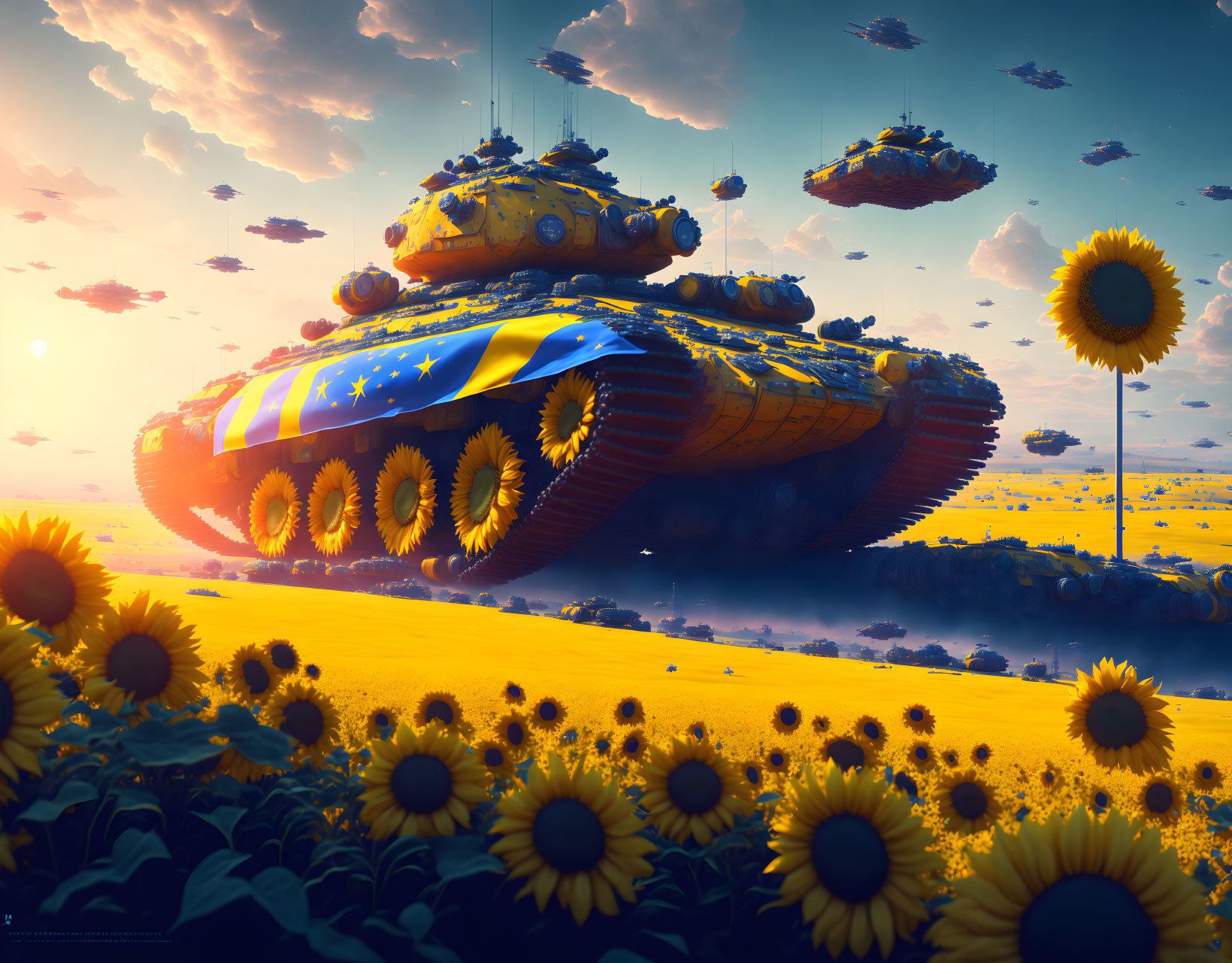 Futuristic hover tanks over sunflower field at sunset