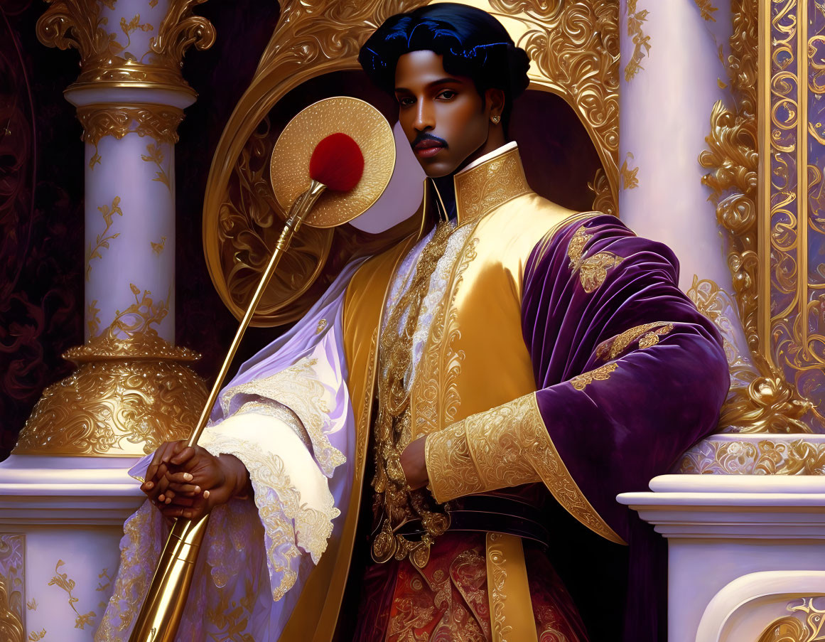 Regal figure in purple and gold attire on golden throne exuding authority and elegance