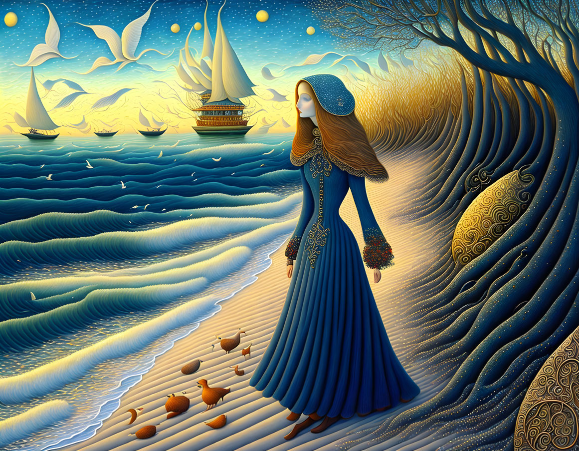 Woman in Blue Dress Walking on Stylized Beach Scene