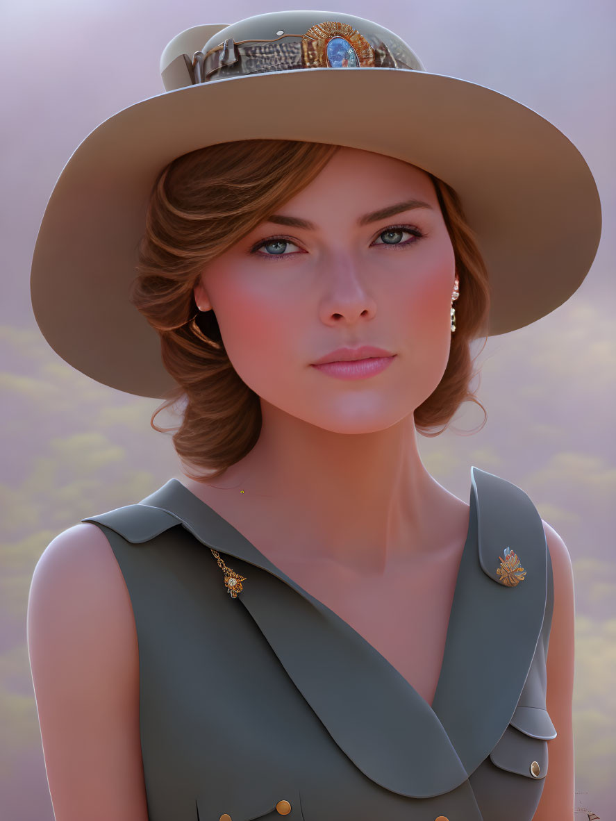 Woman in wide-brimmed hat and sleeveless top with brooches in 3D-render