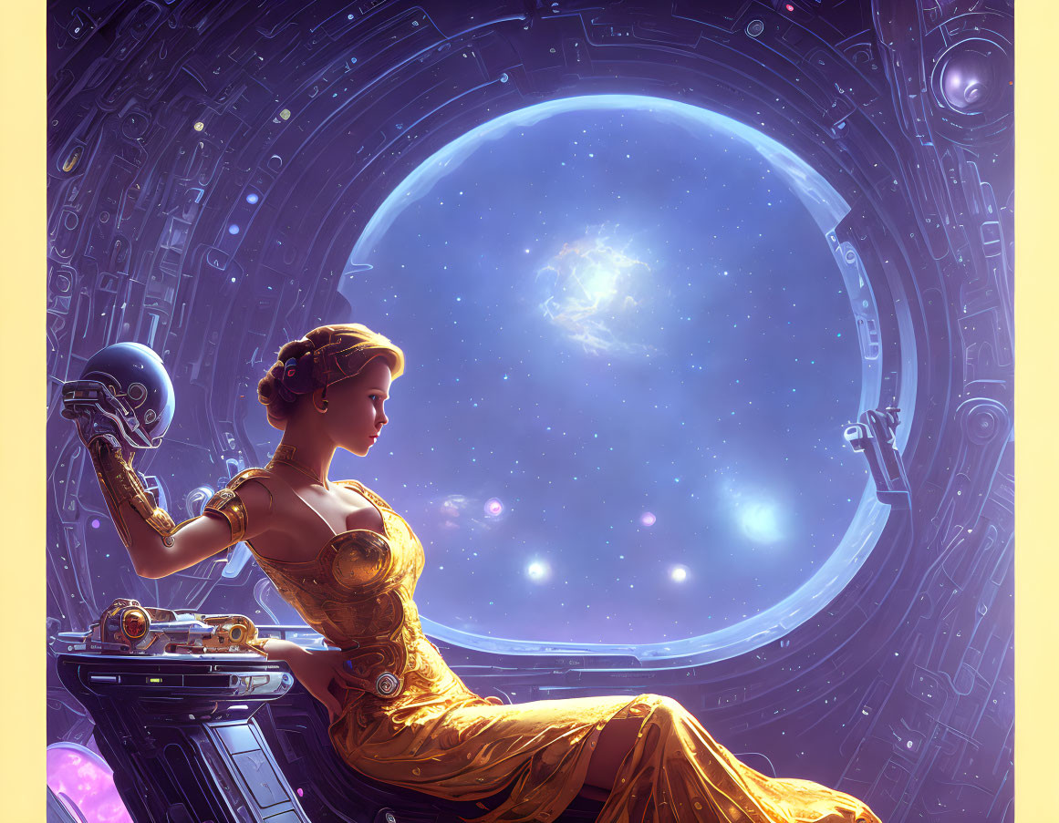 Futuristic woman in gold dress looks out spaceship window with helmet nearby