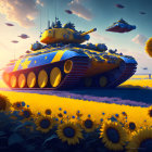 Futuristic hover tanks over sunflower field at sunset