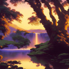 Lush landscape with tree, waterfalls, river under purple sky