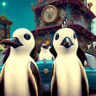 Surreal penguins with vintage cars and flying birds in the sky