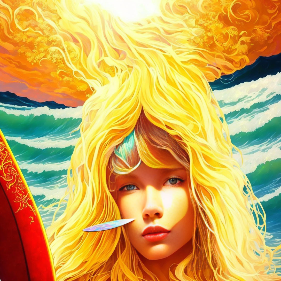 Vibrant blonde woman with surfboard in sunset scene