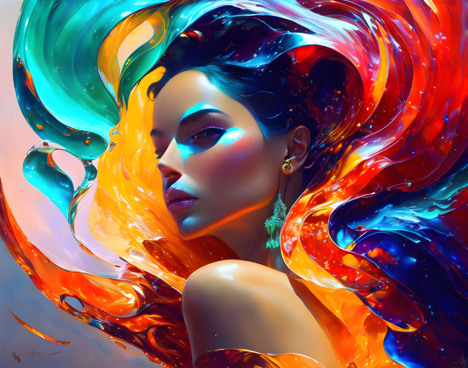 Vivid digital artwork: Woman with swirling, colorful paint-like hair in blues, reds, and