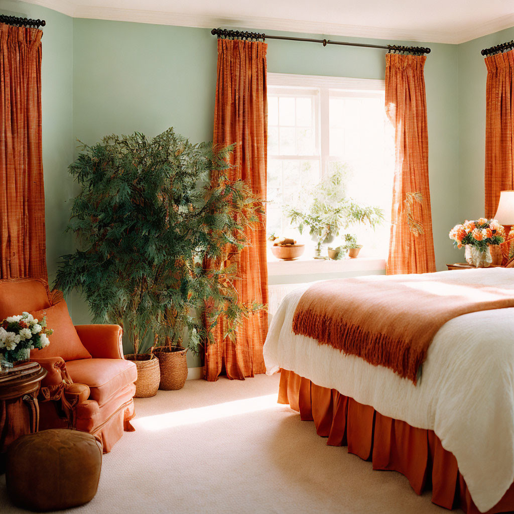 Cozy Bedroom with Pale Blue Walls, Terracotta Drapes, Large Bed, Plants, and