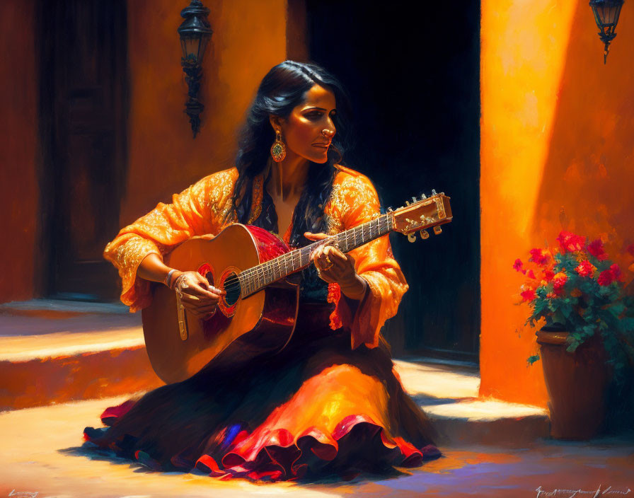 Woman in vibrant orange blouse plays classical guitar in sunny alleyway