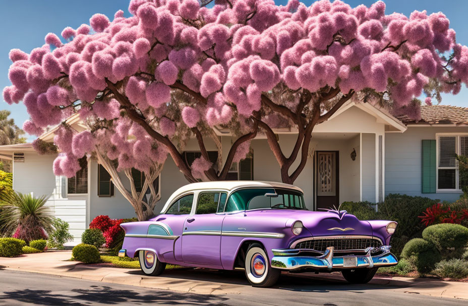 Vintage purple and white car parked under pink blooming tree