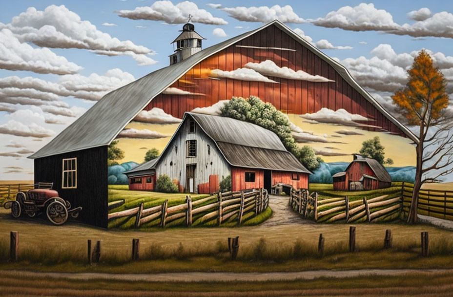 Rural farm landscape with red barn, vintage tractor, and painted clouds